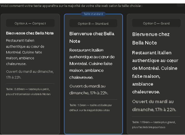 Comparaison des trois tailles de texte : A compacte, B standard, C grande.